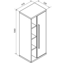 Dessin technique d'une armoire avec les dimensions hauteur 1060, largeur 418 et profondeur 320. Avec une porte et des compartiments ouverts.