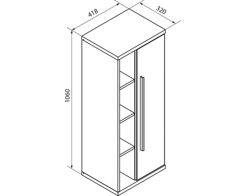 Dessin technique d'une armoire avec les dimensions hauteur 1060, largeur 418 et profondeur 320. Avec une porte et des compartiments ouverts.