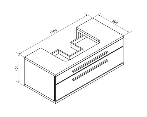 Dessin technique meuble sous-lavabo avec deux tiroirs, largeur 1100 millimètres, hauteur 404 millimètres, profondeur 500 millimètres.