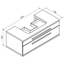 Technische Zeichnung Waschbeckenunterschrank mit zwei Schubladen, Breite 1100 Millimeter, Höhe 404 Millimeter, Tiefe 500 Millimeter.