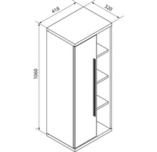 Croquis avec dimensions d'une armoire avec une porte et des étagères ouvertes, hauteur 1060 millimètres, largeur 418 millimètres, profondeur 320 millimètres.