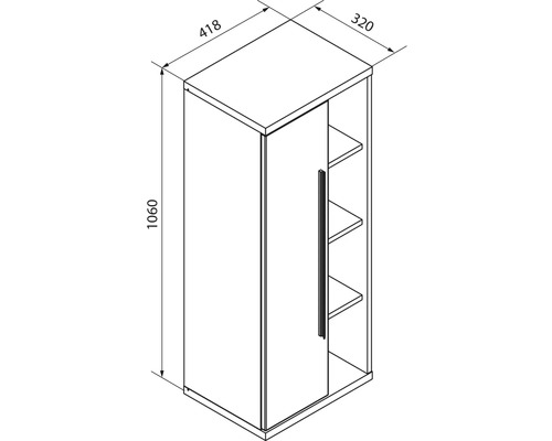 Croquis avec dimensions d'une armoire avec une porte et des étagères ouvertes, hauteur 1060 millimètres, largeur 418 millimètres, profondeur 320 millimètres.