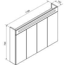 Schéma avec dimensions pour armoire de toilette avec éclairage, largeur 1100 millimètres, hauteur 784 millimètres, profondeur 162 millimètres.
