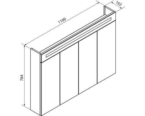 Schéma avec dimensions pour armoire de toilette avec éclairage, largeur 1100 millimètres, hauteur 784 millimètres, profondeur 162 millimètres.