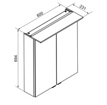 Dessin technique d une armoire de toilette à deux portes, largeur 600 millimètres, hauteur 694 millimètres, profondeur 231 millimètres.