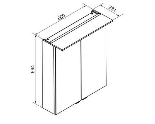 Dessin technique d une armoire de toilette à deux portes, largeur 600 millimètres, hauteur 694 millimètres, profondeur 231 millimètres.