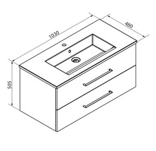 Dessin technique d'un meuble sous-lavabo avec deux tiroirs. Largeur 1030 millimètres, profondeur 480 millimètres, hauteur 505 millimètres.
