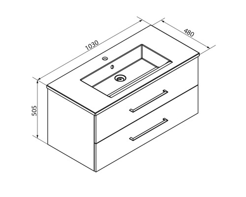 Dessin technique d'un meuble sous-lavabo avec deux tiroirs. Largeur 1030 millimètres, profondeur 480 millimètres, hauteur 505 millimètres.