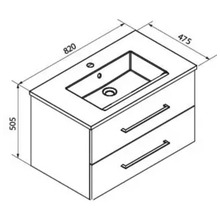 Schéma de dimensions du meuble sous-lavabo avec lavabo, largeur 820 millimètres, profondeur 475 millimètres, hauteur 505 millimètres.