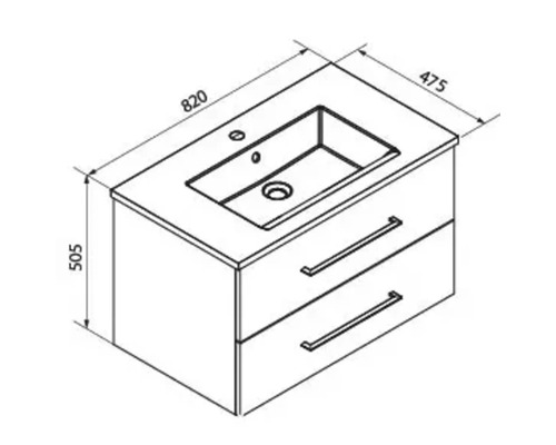 Schéma de dimensions du meuble sous-lavabo avec lavabo, largeur 820 millimètres, profondeur 475 millimètres, hauteur 505 millimètres.