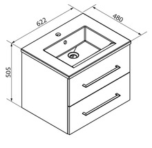 Dessin technique d'un meuble sous-vasque avec deux tiroirs et vasque, dimensions 622 par 480 par 505 millimètres.