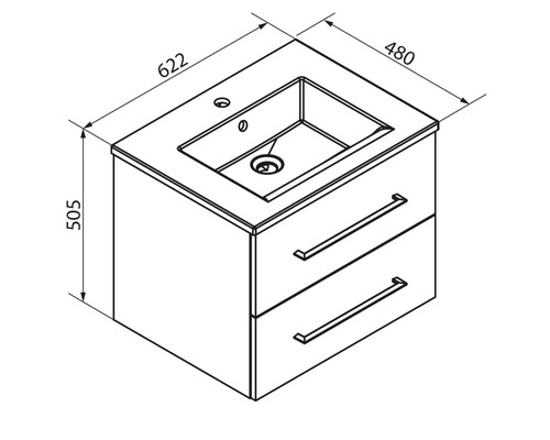 Dessin technique d'un meuble sous-vasque avec deux tiroirs et vasque, dimensions 622 par 480 par 505 millimètres.
