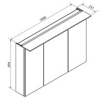 Dessin technique pour une armoire de toilette à trois portes : largeur 1000 millimètres, hauteur 694 millimètres, profondeur 231 millimètres.