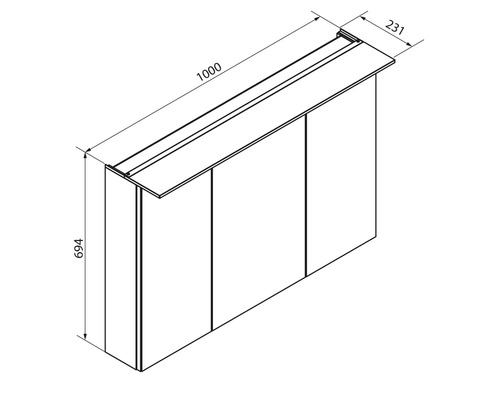 Dessin technique pour une armoire de toilette à trois portes : largeur 1000 millimètres, hauteur 694 millimètres, profondeur 231 millimètres.