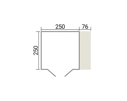Dessin technique d un plan avec des dimensions de 250 centimètres par 250 centimètres et une zone annexe supplémentaire de 76 centimètres.