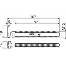Dessin technique d'un boulon à tête marteau M12 avec des dimensions de 107 millimètres de longueur totale et 92 millimètres de filetage.