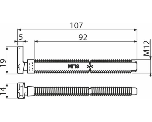 Dessin technique d'un boulon à tête marteau M12 avec des dimensions de 107 millimètres de longueur totale et 92 millimètres de filetage.