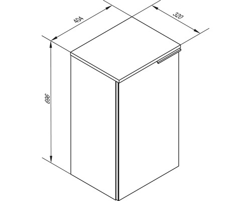 Dessin technique meuble de salle de bain avec hauteur 696 millimètres, largeur 404 millimètres et profondeur 320 millimètres.