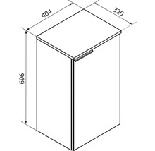 Schéma avec dimensions d'une armoire : hauteur 696 millimètres, largeur 404 millimètres, profondeur 320 millimètres.