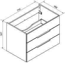 Dessin technique meuble sous-vasque avec deux tiroirs, largeur 794 millimètres, profondeur 488 millimètres, hauteur 587 millimètres.