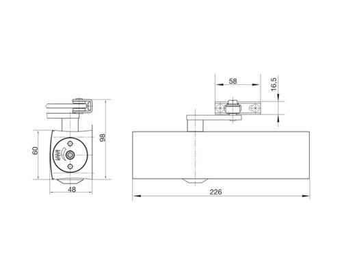 Dessin technique d'un ferme-porte avec dimensions en millimètres : largeur 226, hauteur 60, profondeur 48.