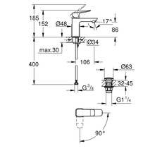 Croquis coté d'un mitigeur de lavabo avec garniture de vidage, hauteurs de 152 à 185 millimètres et plage de pivotement de 90 degrés.
