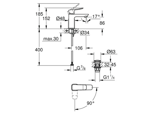 Croquis coté d'un mitigeur de lavabo avec garniture de vidage, hauteurs de 152 à 185 millimètres et plage de pivotement de 90 degrés.