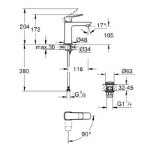 Dessin technique d'un robinet de lavabo avec dimensions en millimètres et angles en degrés pour le bec et le levier.