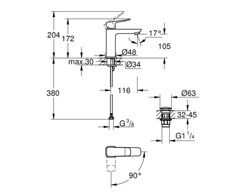 Dessin technique d'un robinet de lavabo avec dimensions en millimètres et angles en degrés pour le bec et le levier.