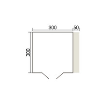 Dessin coté d'un plan au sol carré avec des dimensions de 300 par 300 centimètres et une zone latérale supplémentaire de 50 centimètres.