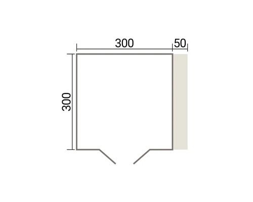 Dessin coté d'un plan au sol carré avec des dimensions de 300 par 300 centimètres et une zone latérale supplémentaire de 50 centimètres.