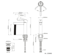 Dessin technique du mitigeur de lavabo Jungborn, numéro d'article 12598985, avec dimensions en millimètres pour la hauteur, la saillie et les raccords.