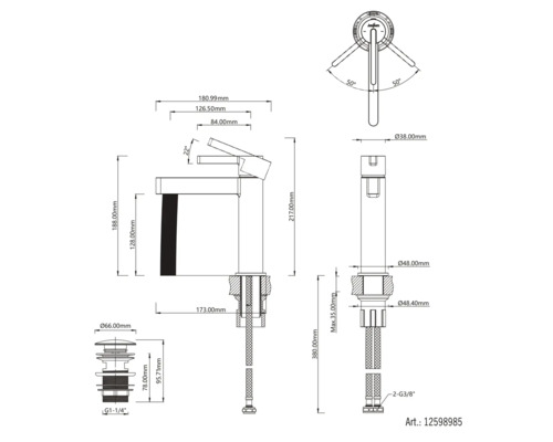 Dessin technique du mitigeur de lavabo Jungborn, numéro d'article 12598985, avec dimensions en millimètres pour la hauteur, la saillie et les raccords.