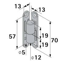 Dessin technique d une charnière de meuble avec dimensions en millimètres : hauteur totale 70, largeur 13, écartement des trous 57, diamètre 12.