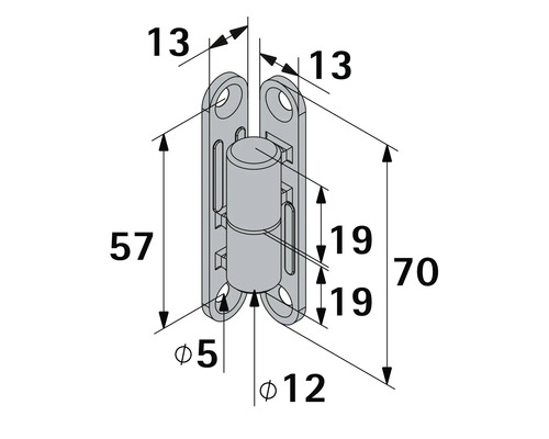 Dessin technique d une charnière de meuble avec dimensions en millimètres : hauteur totale 70, largeur 13, écartement des trous 57, diamètre 12.