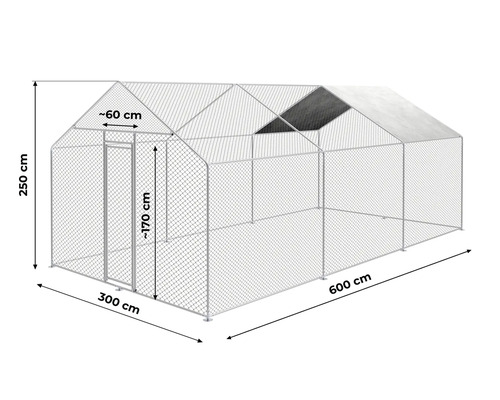 Enclos pour poules en grillage, dimensions 600 par 300 par 250 centimètres, avec porte et couverture de toit partielle.