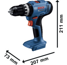 Perceuse-visseuse à percussion sans fil Bosch GSB 18V-25 avec dimensions: hauteur 211 millimètres, longueur 207 millimètres, largeur 73 millimètres.