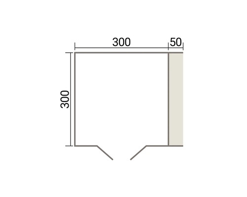 Représentation schématique d'un plan avec des dimensions de 300 centimètres par 300 centimètres plus une section de 50 centimètres.