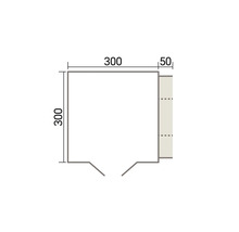 Dessin technique avec dimensions pour une surface au sol carree de 300 par 300 centimetres avec une extension laterale de 50 centimetres.