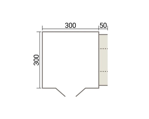 Dessin technique avec dimensions pour une surface au sol carree de 300 par 300 centimetres avec une extension laterale de 50 centimetres.