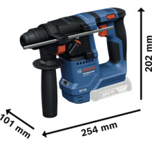 Perforateur sans fil Bosch Professional GBH 18V-18. Longueur 254 millimètres, hauteur 202 millimètres et largeur 101 millimètres.