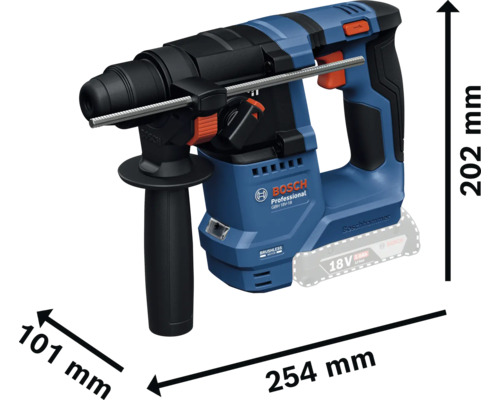 Perforateur sans fil Bosch Professional GBH 18V-18. Longueur 254 millimètres, hauteur 202 millimètres et largeur 101 millimètres.