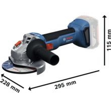 Meuleuse d'angle sans fil Bosch Professional avec dimensions : longueur 295 millimètres, largeur 228 millimètres, hauteur 115 millimètres.