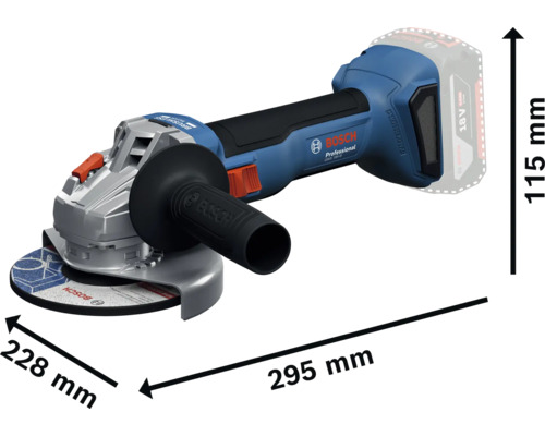 Meuleuse d'angle sans fil Bosch Professional avec dimensions : longueur 295 millimètres, largeur 228 millimètres, hauteur 115 millimètres.