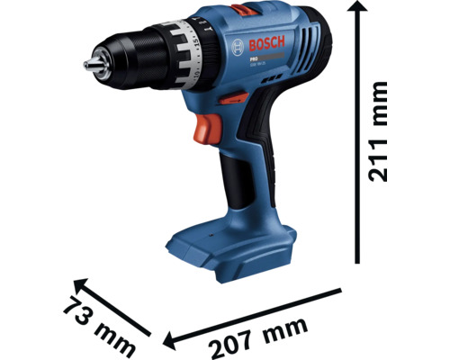 Perceuse-visseuse à percussion sans fil Bosch GSB 18V-25 avec dimensions : hauteur 211 millimètres, longueur 207 millimètres, largeur 73 millimètres.