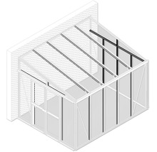 Dessin technique d'une serre adossée avec porte et toit en pente contre un mur en briques.