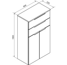 Schéma avec dimensions d'un meuble avec deux tiroirs et deux portes, largeur 604 millimètres, hauteur 1065 millimètres, profondeur 320 millimètres.