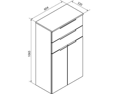 Schéma avec dimensions d'un meuble avec deux tiroirs et deux portes, largeur 604 millimètres, hauteur 1065 millimètres, profondeur 320 millimètres.
