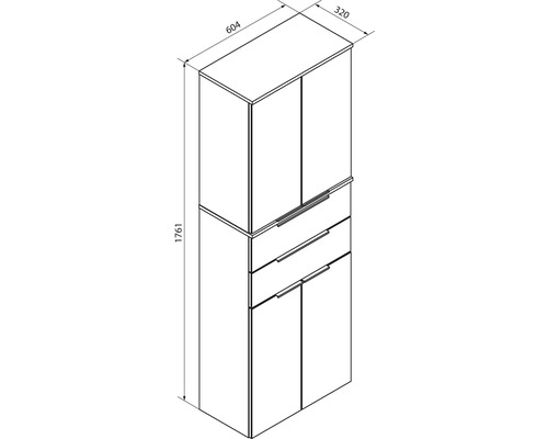 Dessin technique d'une armoire haute avec quatre portes et un tiroir. Largeur 604 millimètres, hauteur 1761 millimètres, profondeur 320 millimètres.