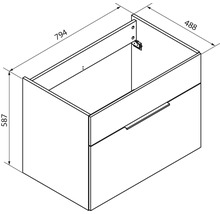Dessin technique d'un meuble sous-lavabo avec deux tiroirs. Dimensions : largeur 794 millimètres, profondeur 488 millimètres, hauteur 587 millimètres.